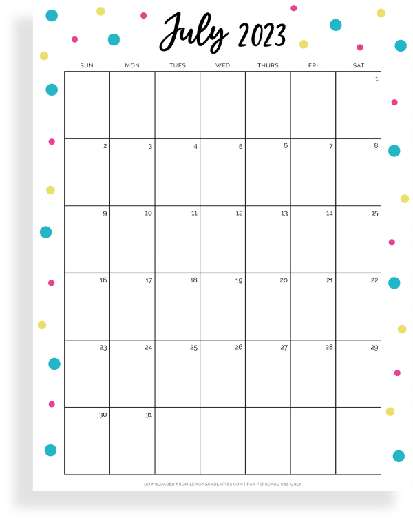 full page July calendar