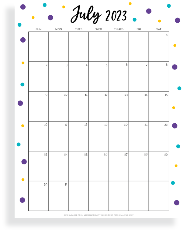 full page July calendar