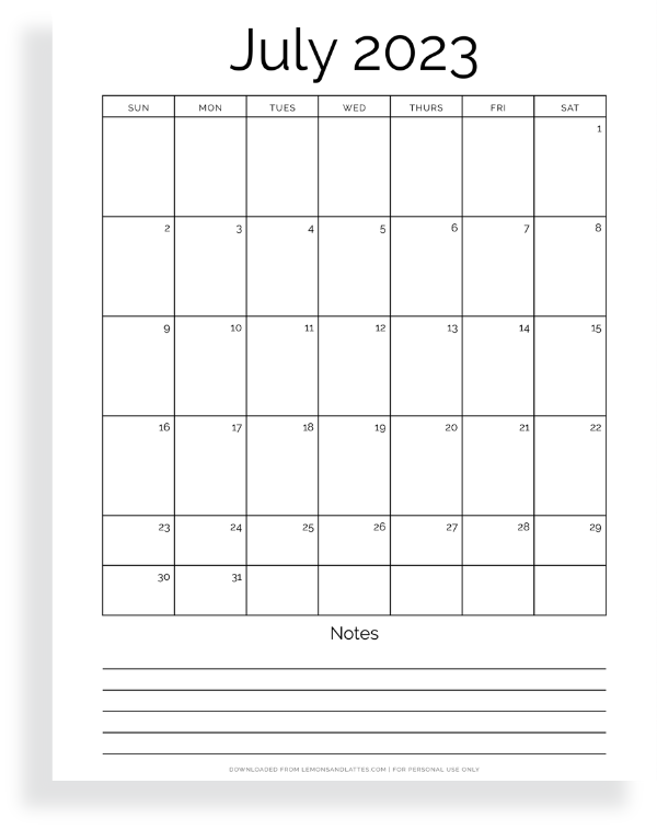 July calendar with notes
