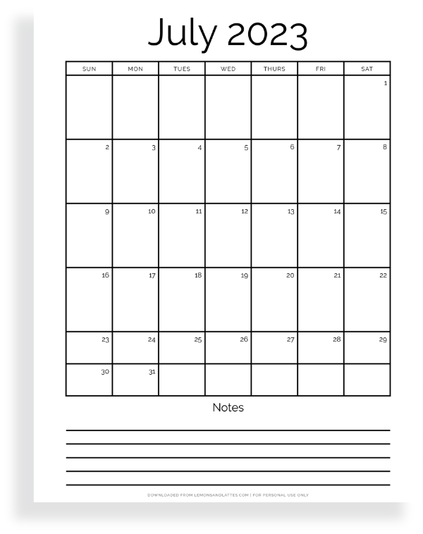 July calendar with notes