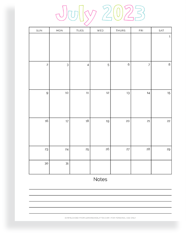 July calendar with notes