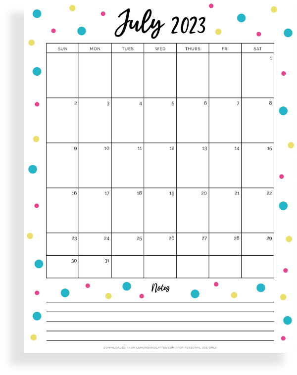 July calendar with notes