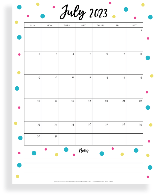 July calendar with notes