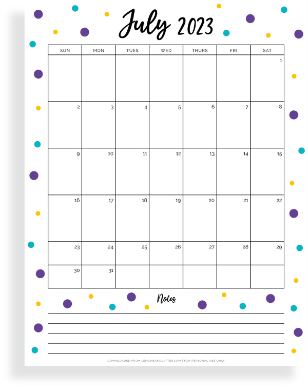 July calendar with notes