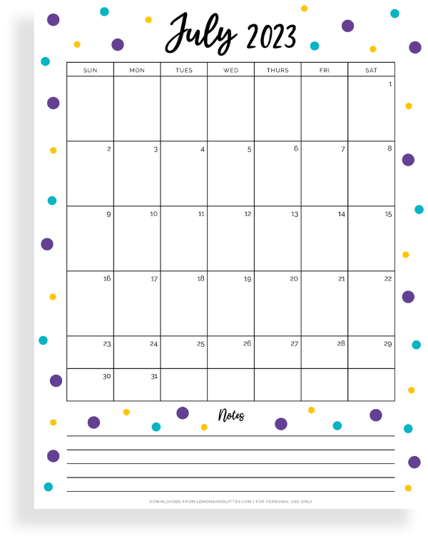July calendar with notes