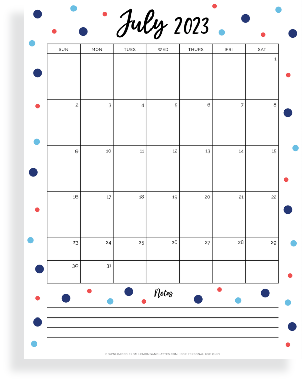 July calendar with notes