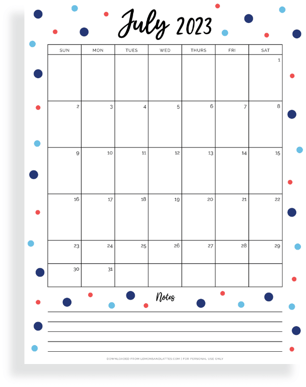 July calendar with notes
