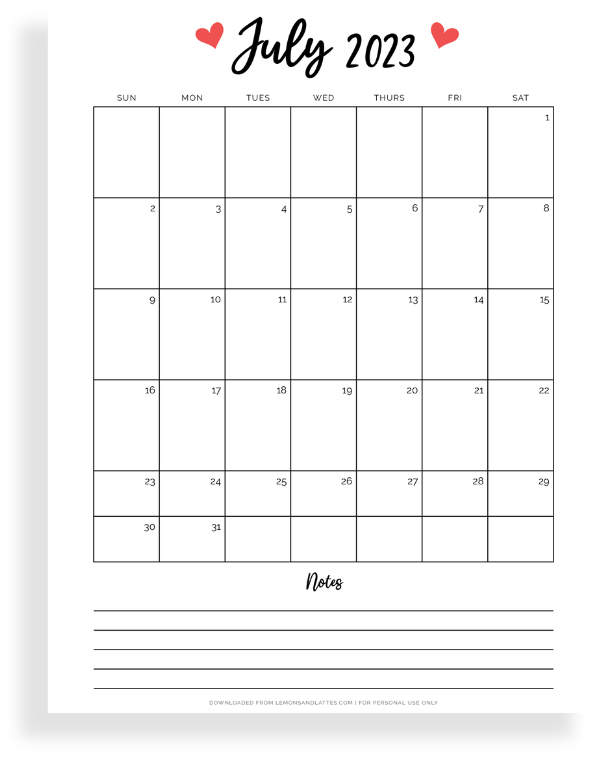 July calendar with notes