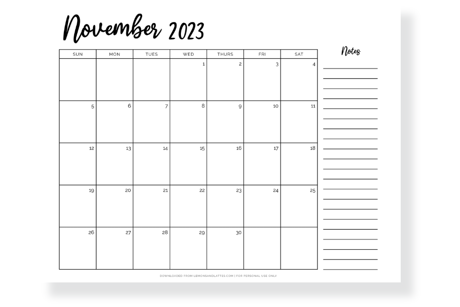 November calendar with notes landscape