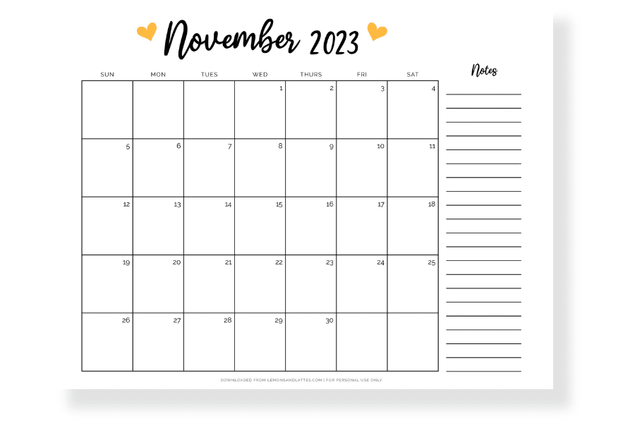 November calendar with notes section