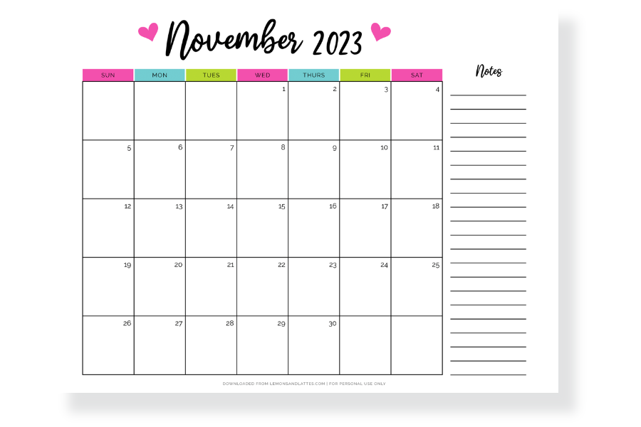 November calendar with notes section