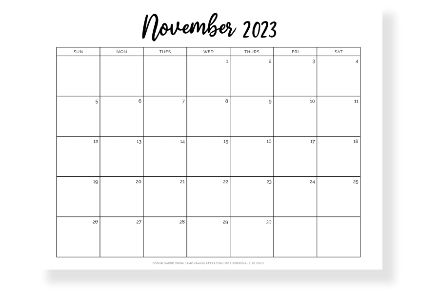 November calendar with notes section