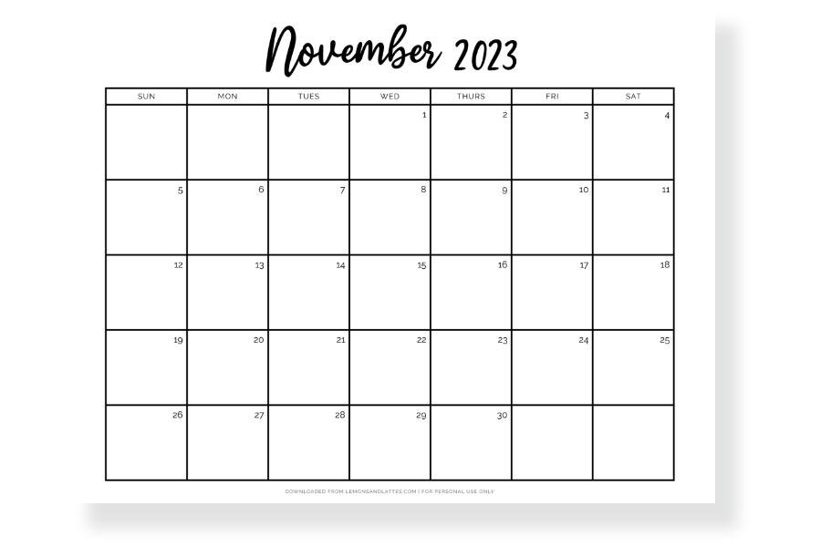 November calendar with notes