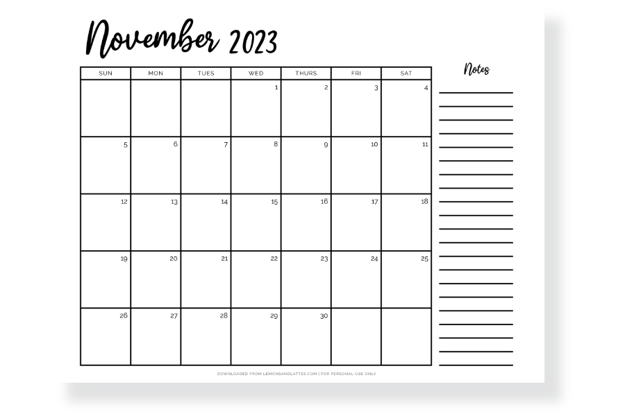 November calendar with notes landscape