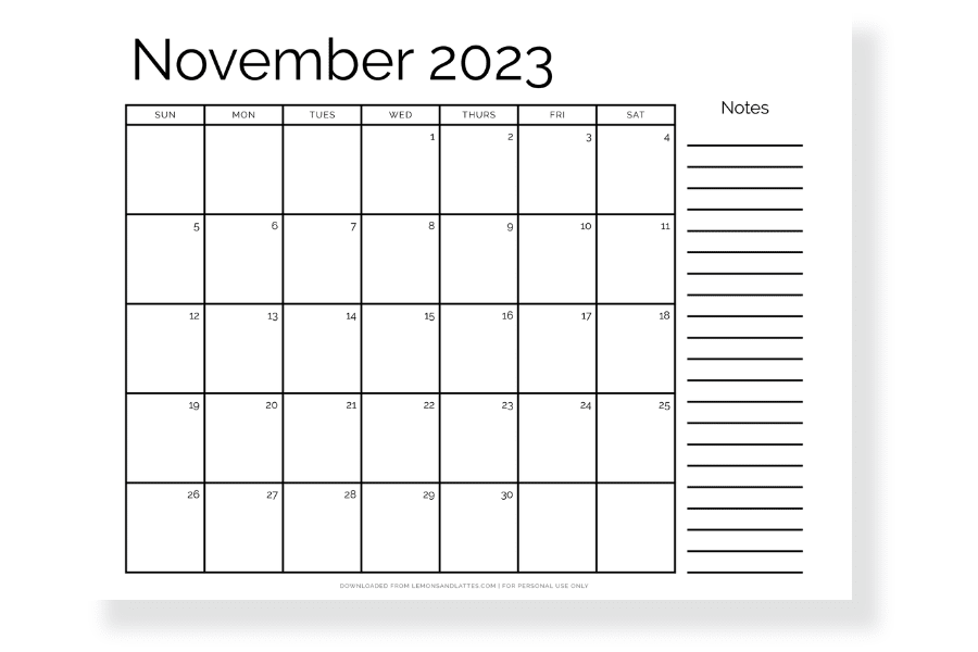 November calendar with notes landscape