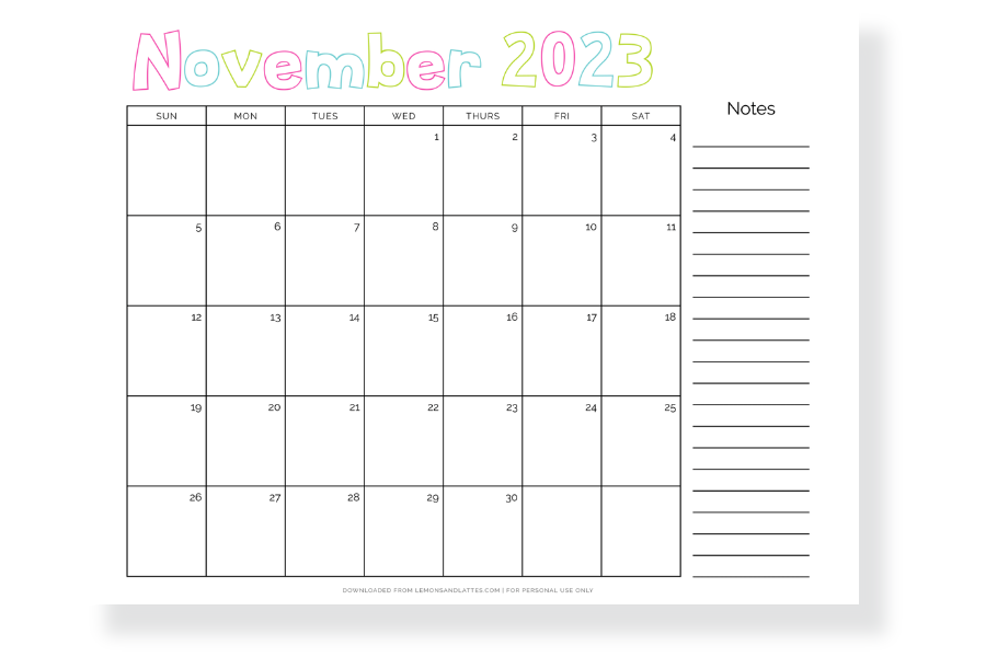 November calendar with notes landscape