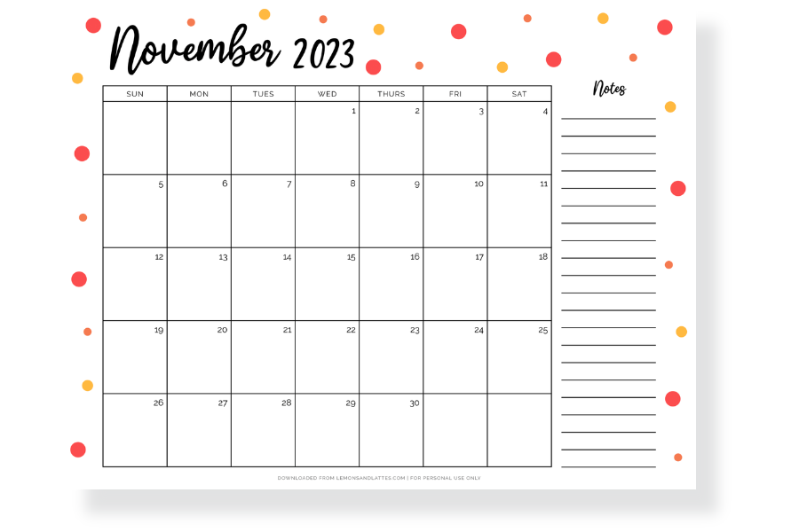November calendar landscape