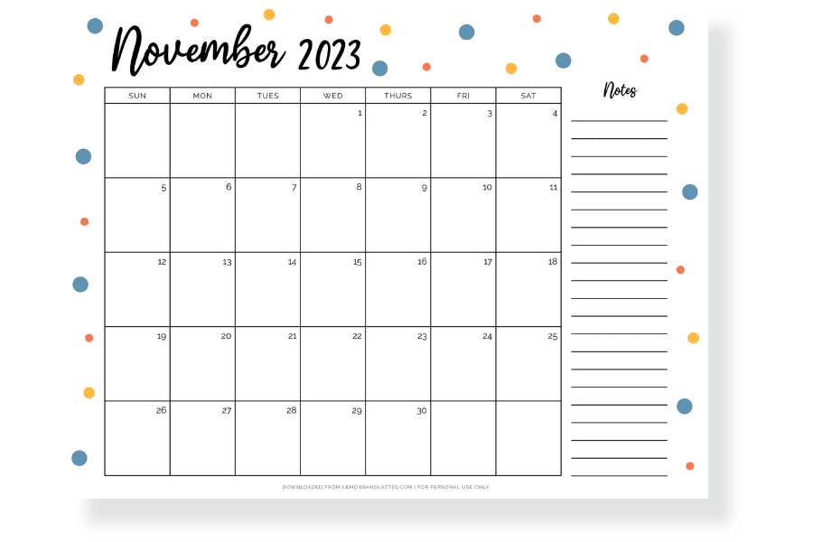 November calendar landscape