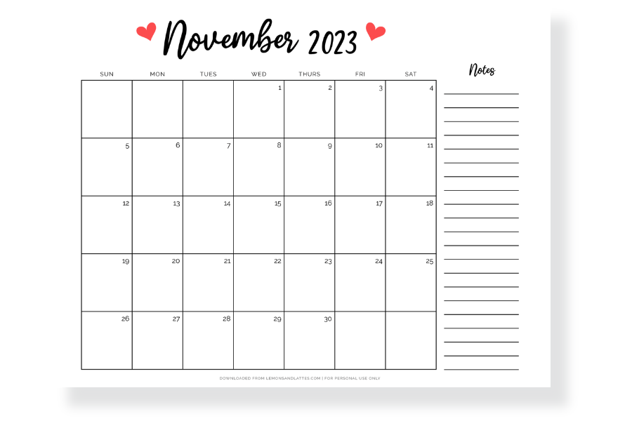 November calendar landscape