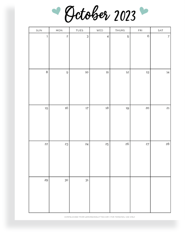 full page October calendar