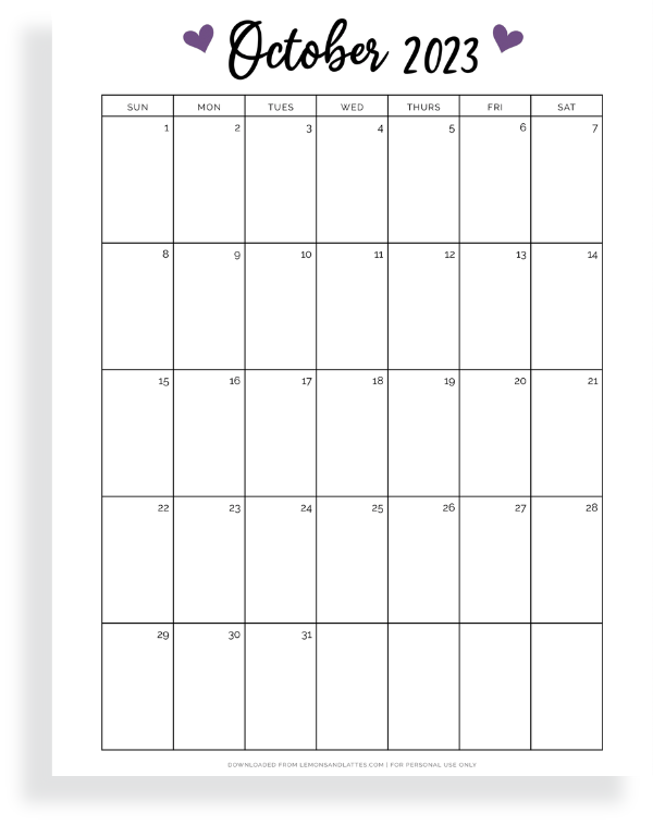 full page October calendar
