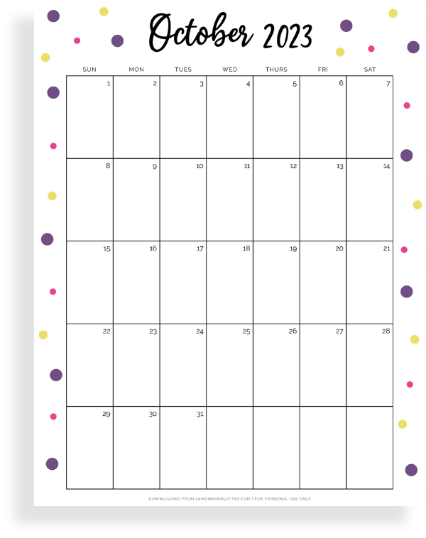 full page October calendar