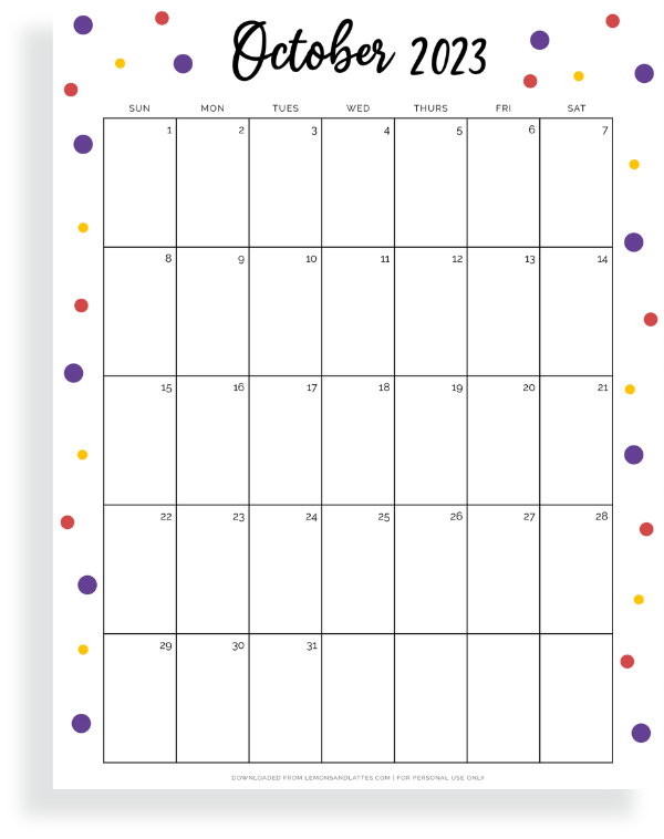 full page October calendar