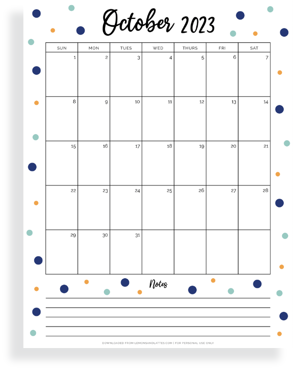 cute October calendar with notes