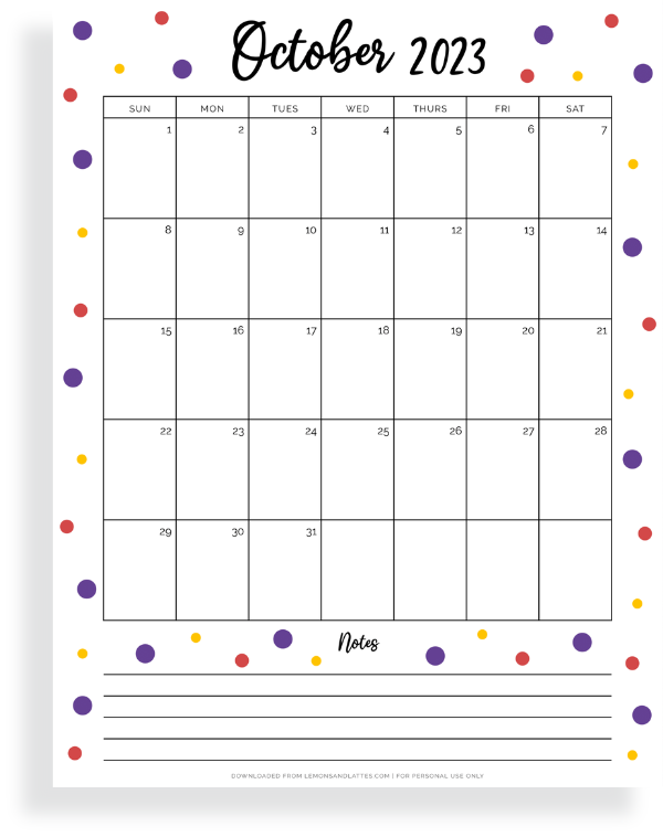 cute October calendar with notes