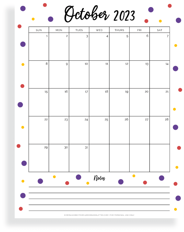 cute October calendar with notes
