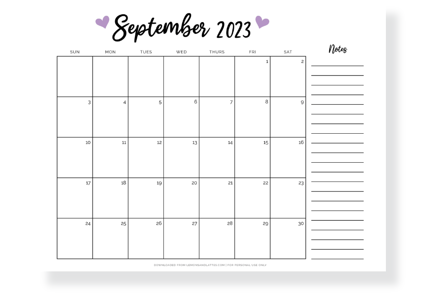 september calendar with notes