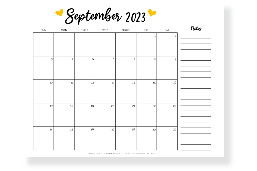 september calendar with notes