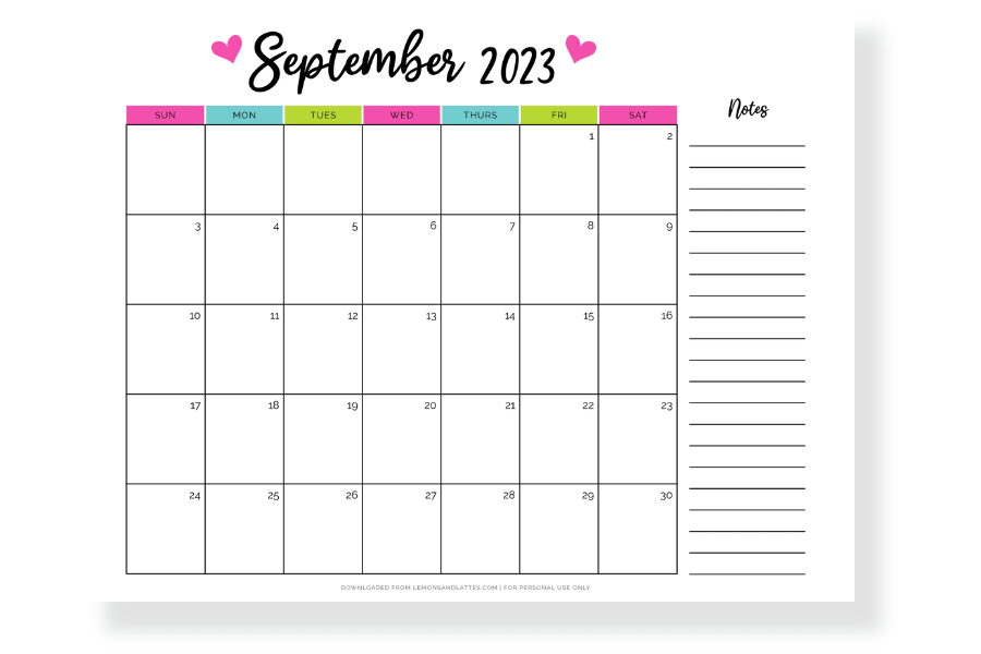 september calendar with notes