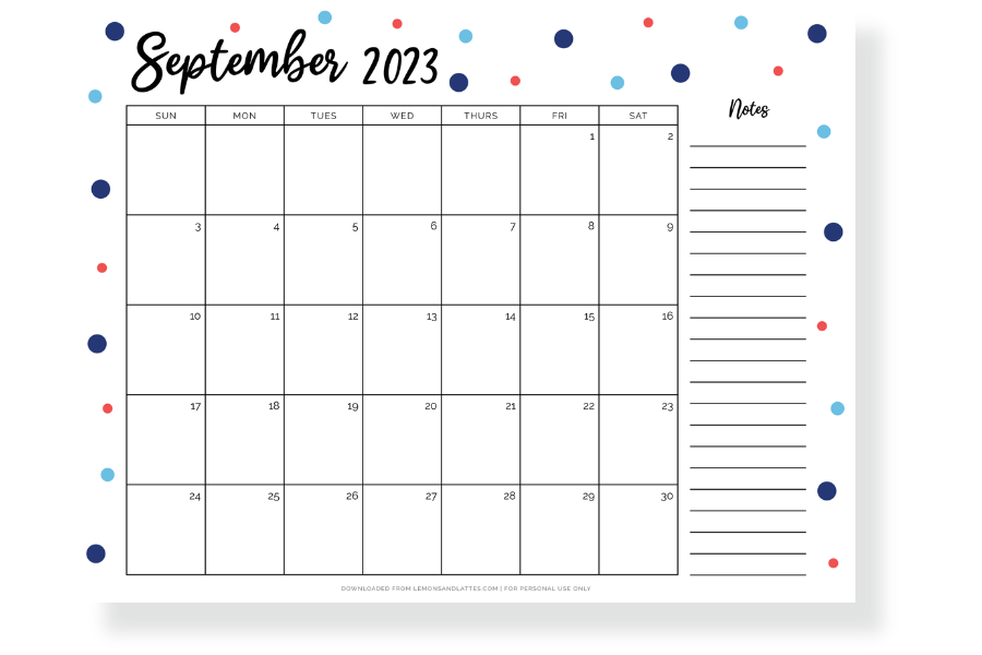 september calendar with notes