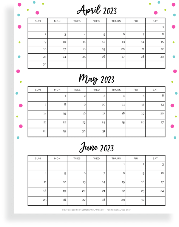 Free Quarterly Calendar Printables (Three Months Per Page)