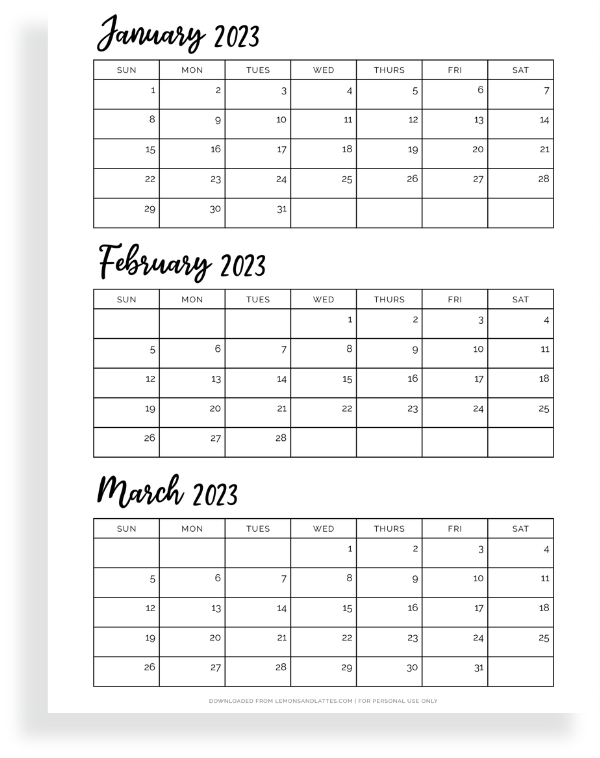 three month calendar