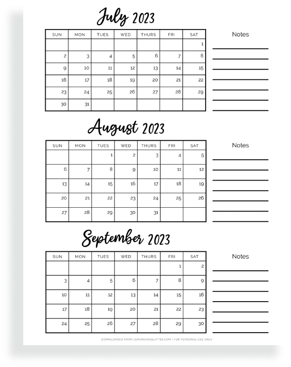 Free Quarterly Calendar Printables (Three Months Per Page)