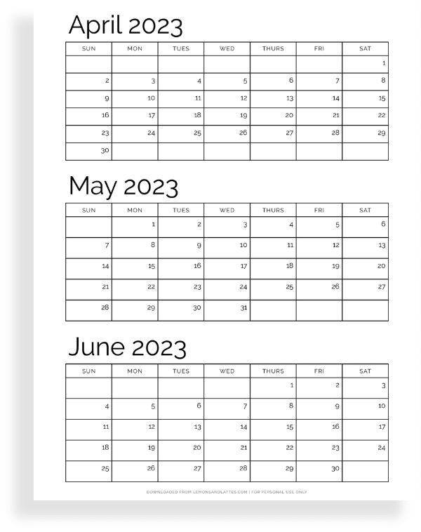 Free Quarterly Calendar Printables (Three Months Per Page)