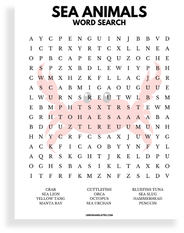 sea animal word search