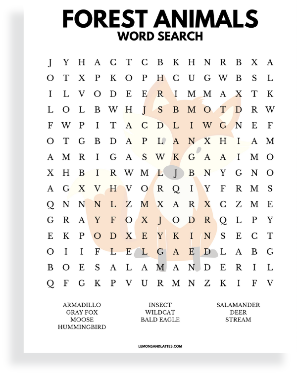 forest animal word search