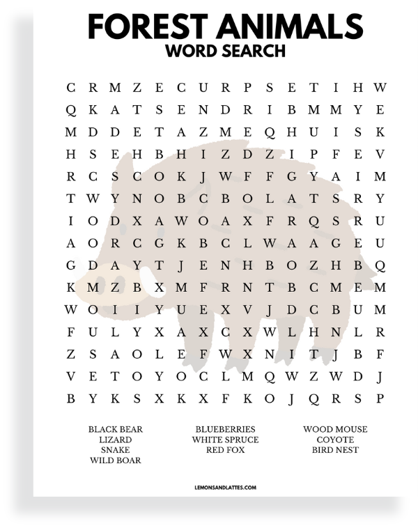 forest animal word search