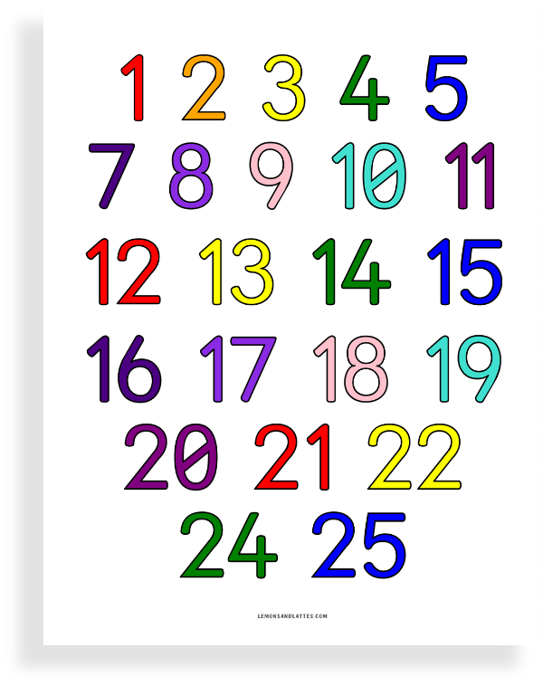 printable numbers in color 1-25