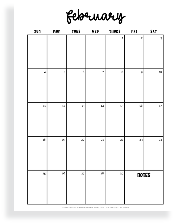 February calendar printable
