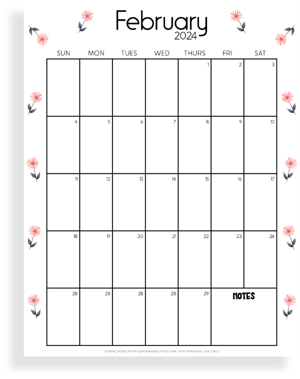 February calendar printable