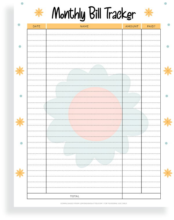 bill tracker printable