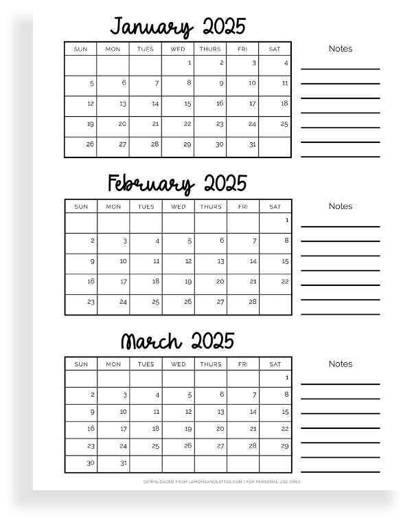Quarterly Calendar Printables 2025