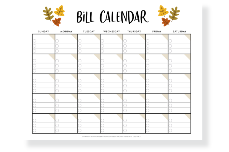 Printable Monthly Bill Calendars