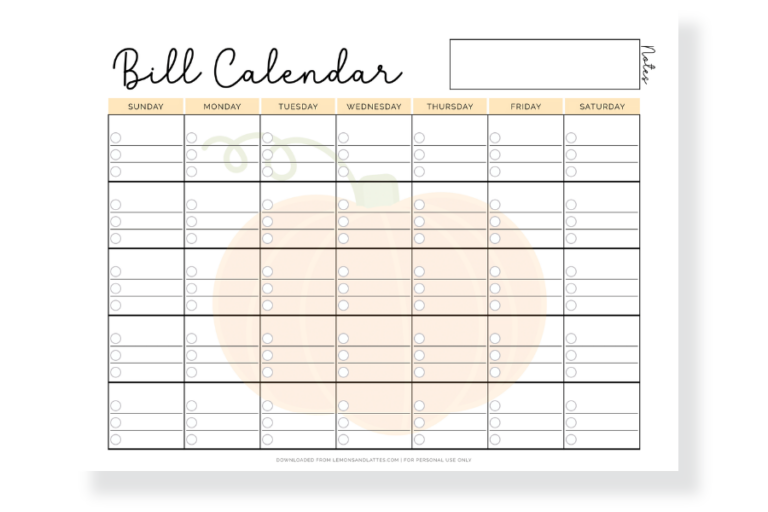 Printable Monthly Bill Calendars
