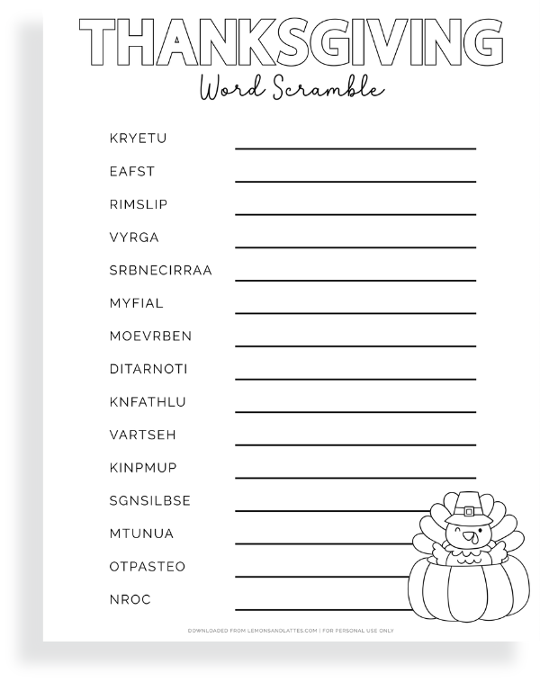 Thanksgiving word scramble