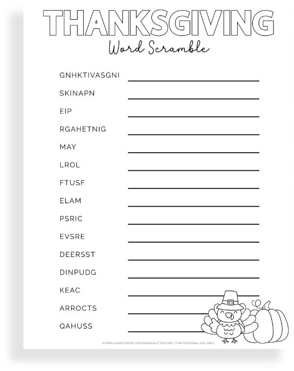 Thanksgiving word scramble